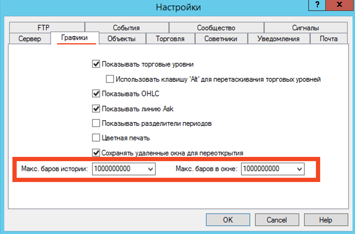 Настройка максимального количества баров истории
